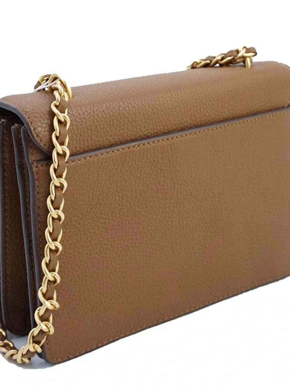 Tory Burch Tan Pebbled Leather Chain Crossbody with Gold Logo